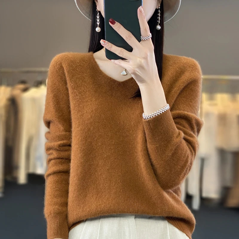 Pull Cachemire 100% Laine Col V Femme - Tricot Casual Korean Fashion Automne Hiver