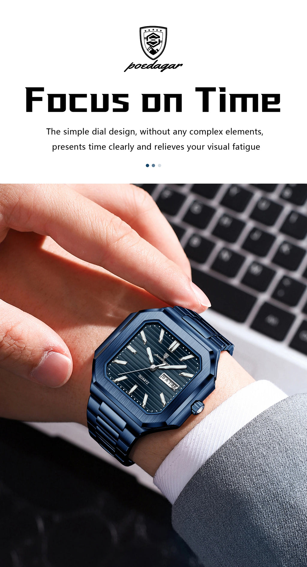 Montre Carrée Luxe Homme Poedagar – Quartz Étanche Lumineuse Date Semaine Acier Inoxydable Fashion