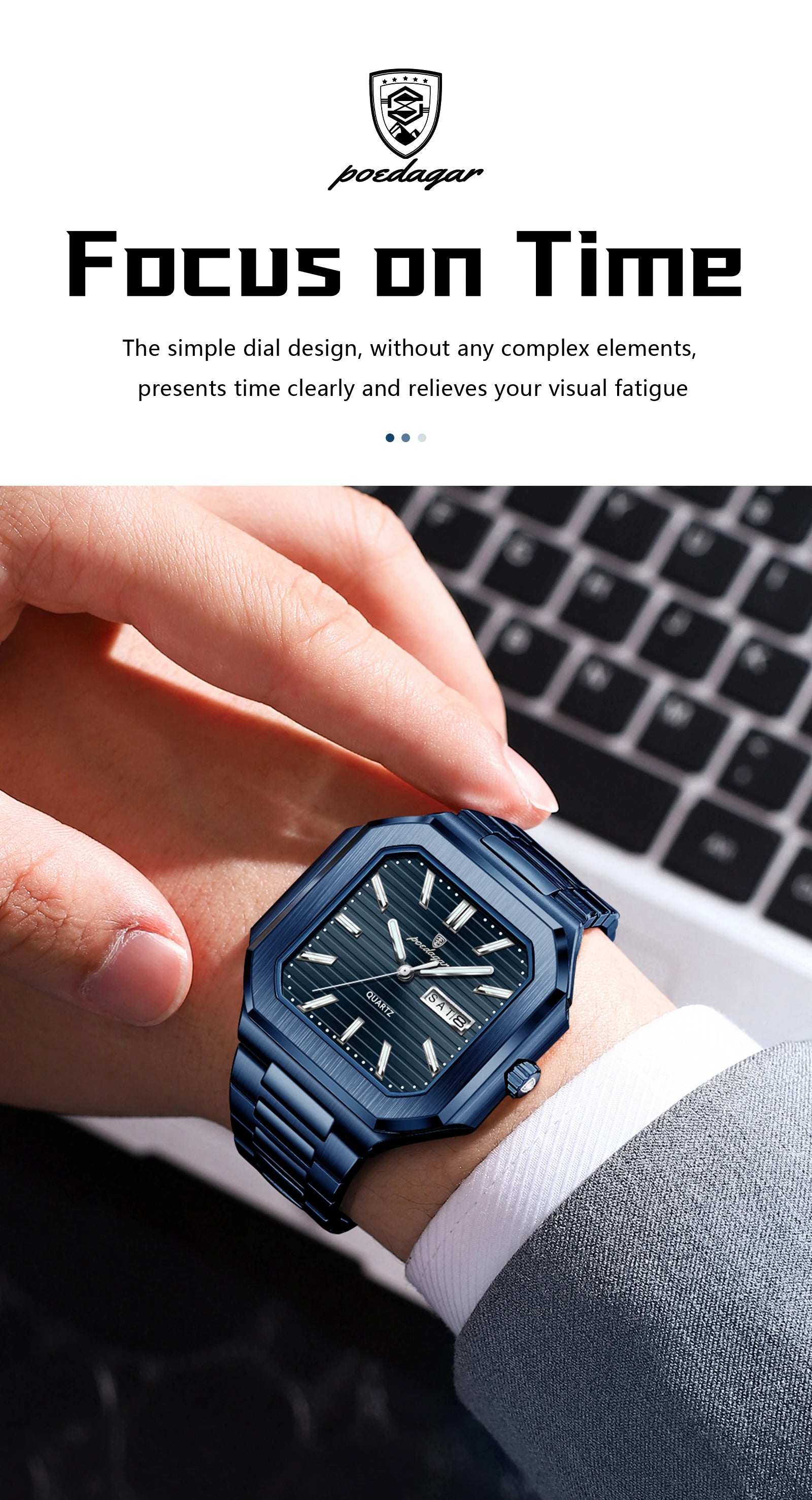 Montre Carrée Luxe Homme Poedagar – Quartz Étanche Lumineuse Date Semaine Acier Inoxydable Fashion