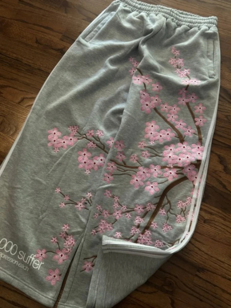 Pantalon Unisexe Y2K Américain Harajuku Rétro Broderie Fleurs de Cerisier Loose Large – Sport Casual Fashion Homme & Femme | Mode Streetwear