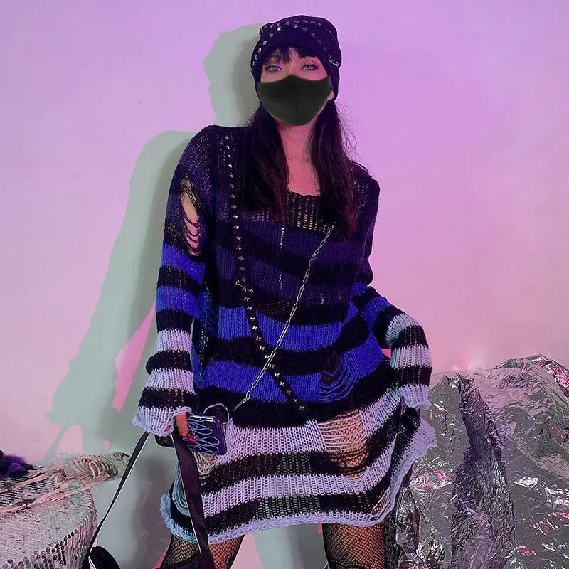 Gothic Damen Strickpullover Lila Streifen Zerrissen Ausgefranst – Fairy Grunge Lolita Emo Streetwear Stil