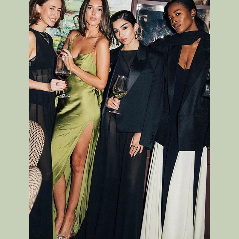 Robe Maxi Satin Femme Volantée Bretelles Fente Latérale Dos Nu Sans Manches Sexy – Longue Élégante Soirée Club | Glamour 2025