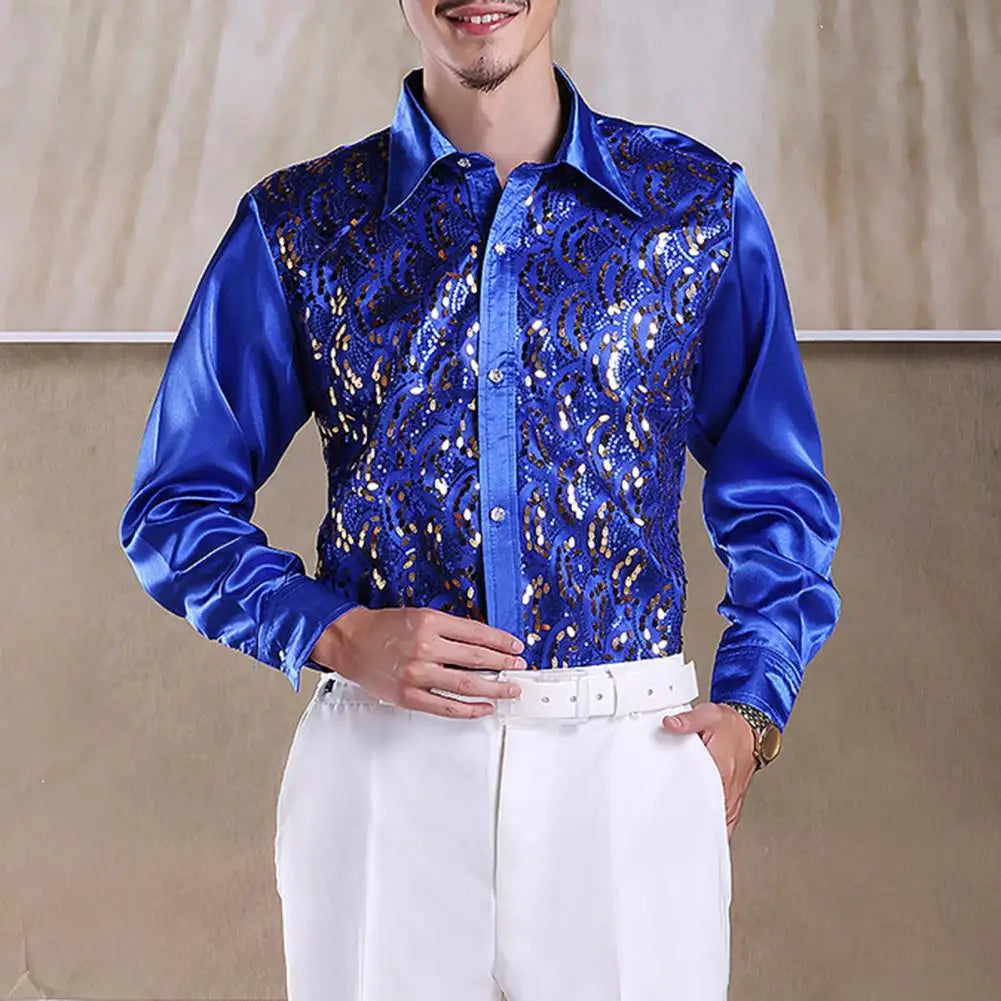 Chemise Homme Luxe Paillettes Scène Mariage Manches Longues Boutonnage Simple – Tenue Formelle Casual Élégante Brillante | Mode Homme Premium