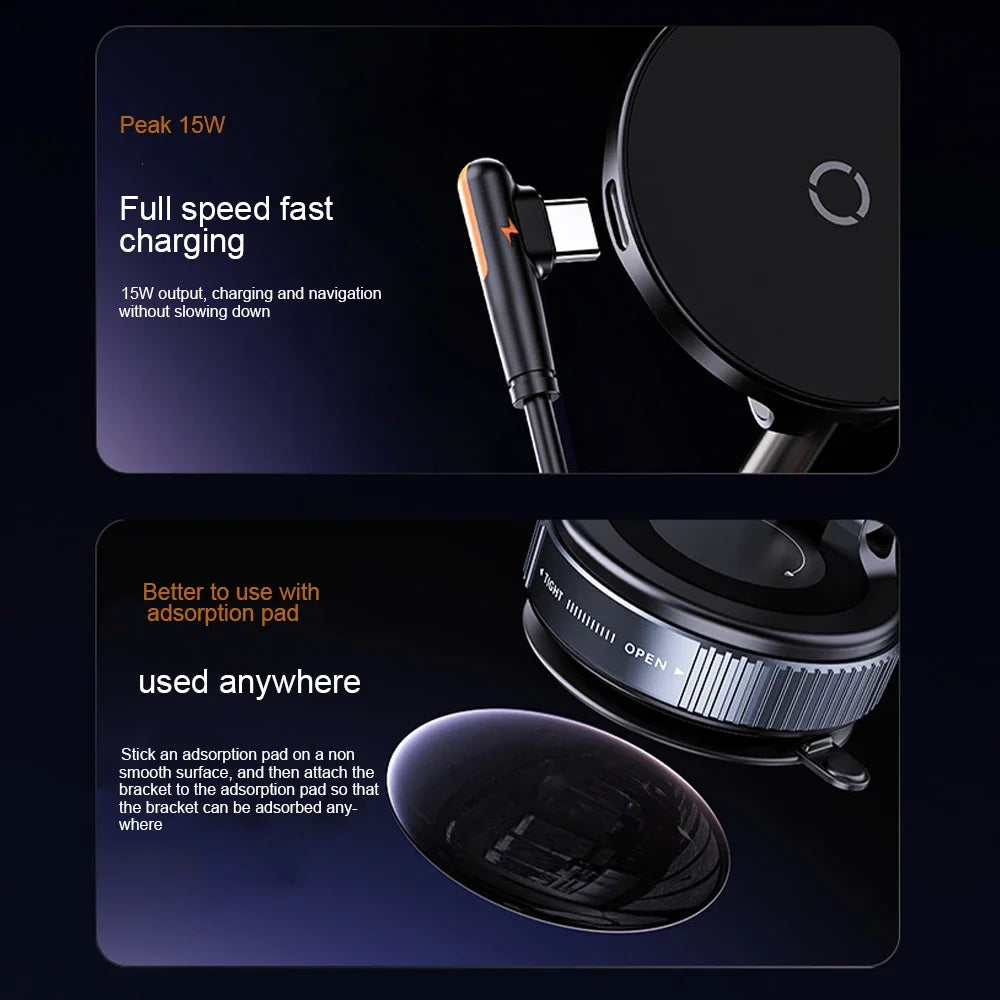 Support Voiture Magnétique 15W 360° Pliable – Chargeur Sans Fil Ventouse Navigation GPS