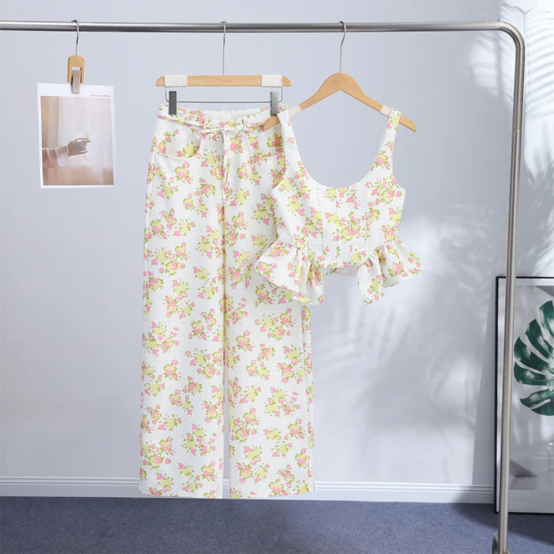 Ensemble 2 Pièces Imprimé Élégant - Gilet Sans Manches À Volants & Pantalon Large | Printemps Été 2026