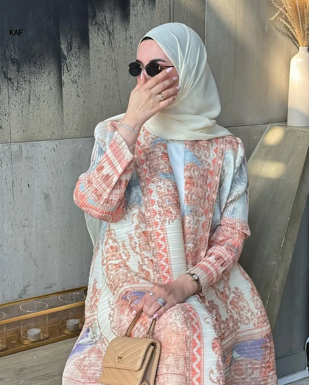 Kimono Cardigan Long Femme Abaya Imprimé Vintage Miyake Fluide Ample – Mode Modesté & Élégance