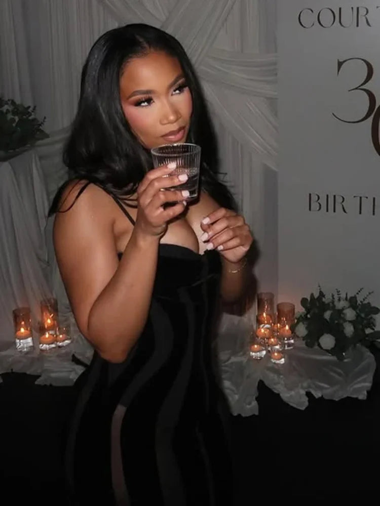 Robe Maxi Femme Velours Noir Transparente Mesh Épaules Dénudées Taille Cinée Slim – Soirée & Club | 2026