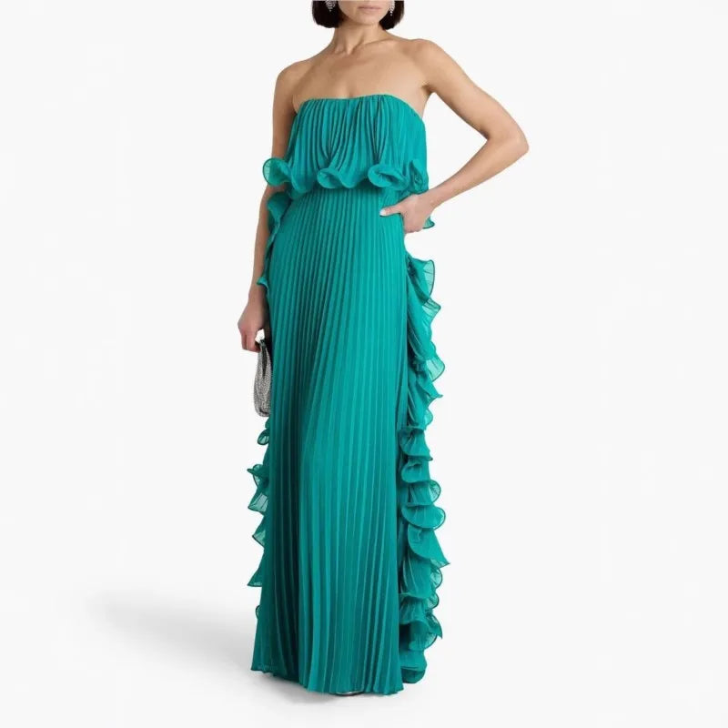 Robe Longue Femme Orange Chiffon Plissée Volants Sans Bretelles – Élégante Plage & Soirée | Été