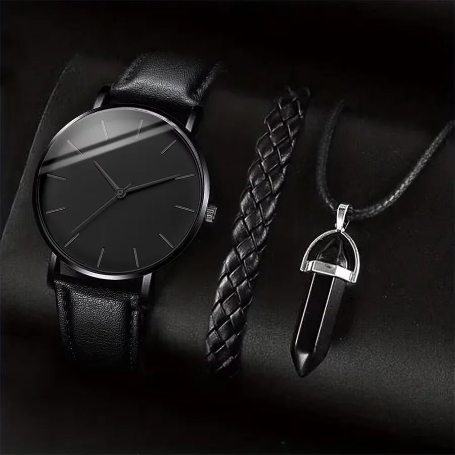 Coffret 3 Pièces Homme Montre Quartz Cuir + Bracelet + Collier – Set Business Fashion Élégant