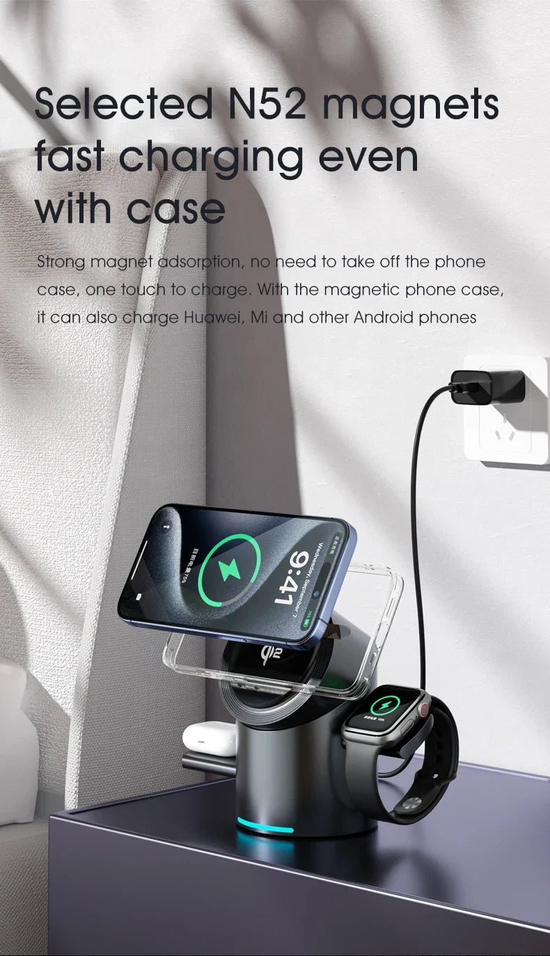 Chargeur Qi2 3-en-1 Multifonction Tactile Rotatif – iPhone 16 15 14 Pro Max iWatch Écouteurs