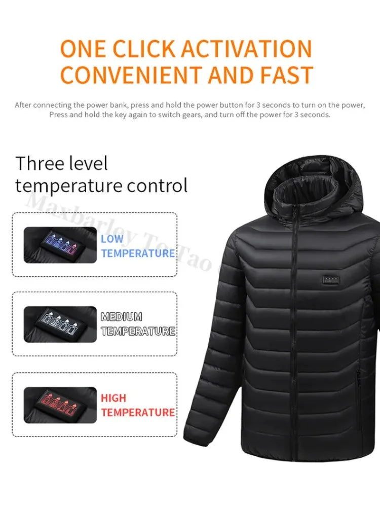 Beheizbare Herrenjacke Winter USB Elektrisch 21 Heizzonen – Selbstbeheizter Mantel Skifahren Schnee Outdoor Steppweste | Herren Premium Tech Mode