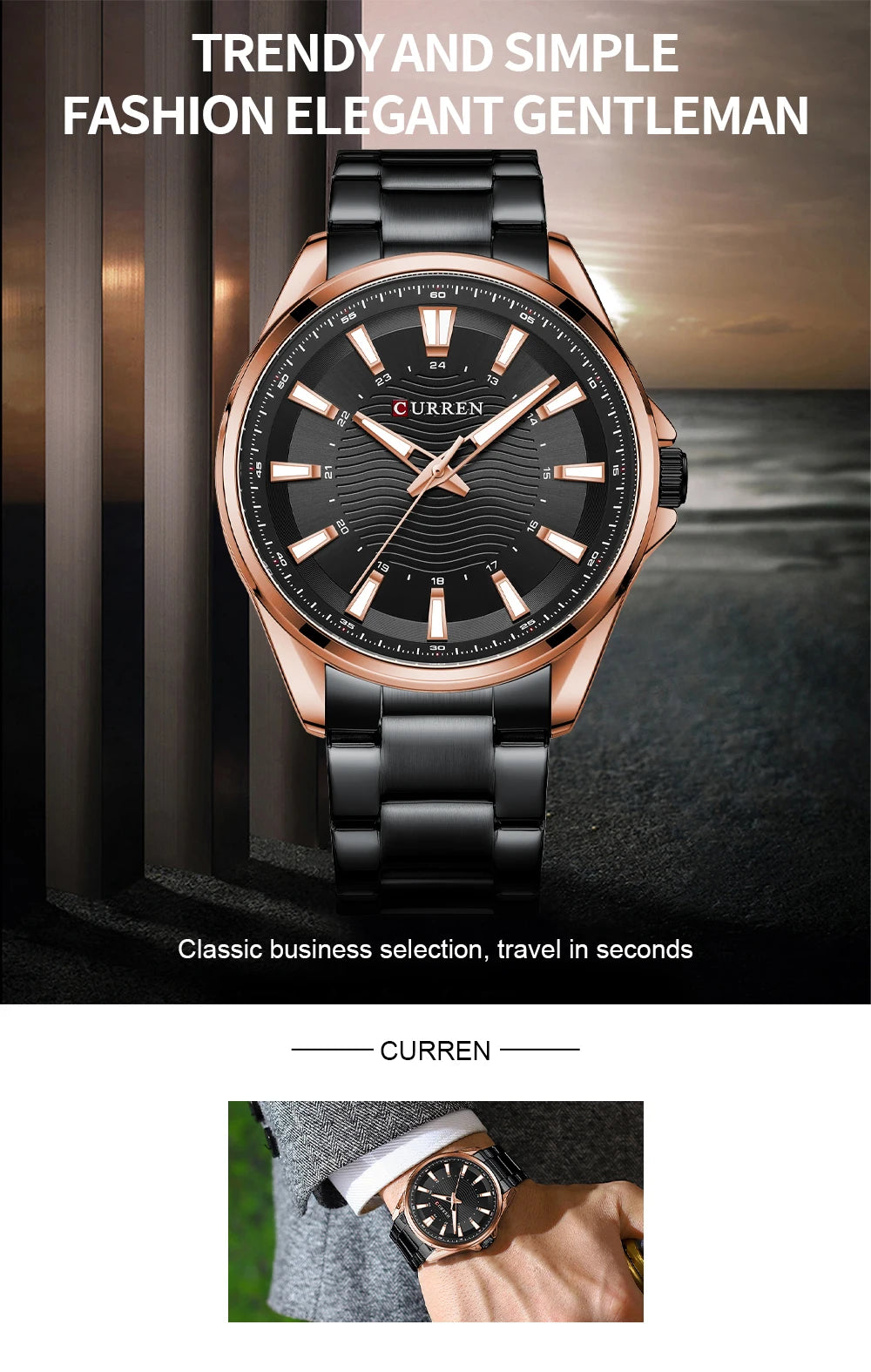 Montre Homme CURREN Business Casual Quartz 44mm – Acier Noir Lumineux Étanche Fashion
