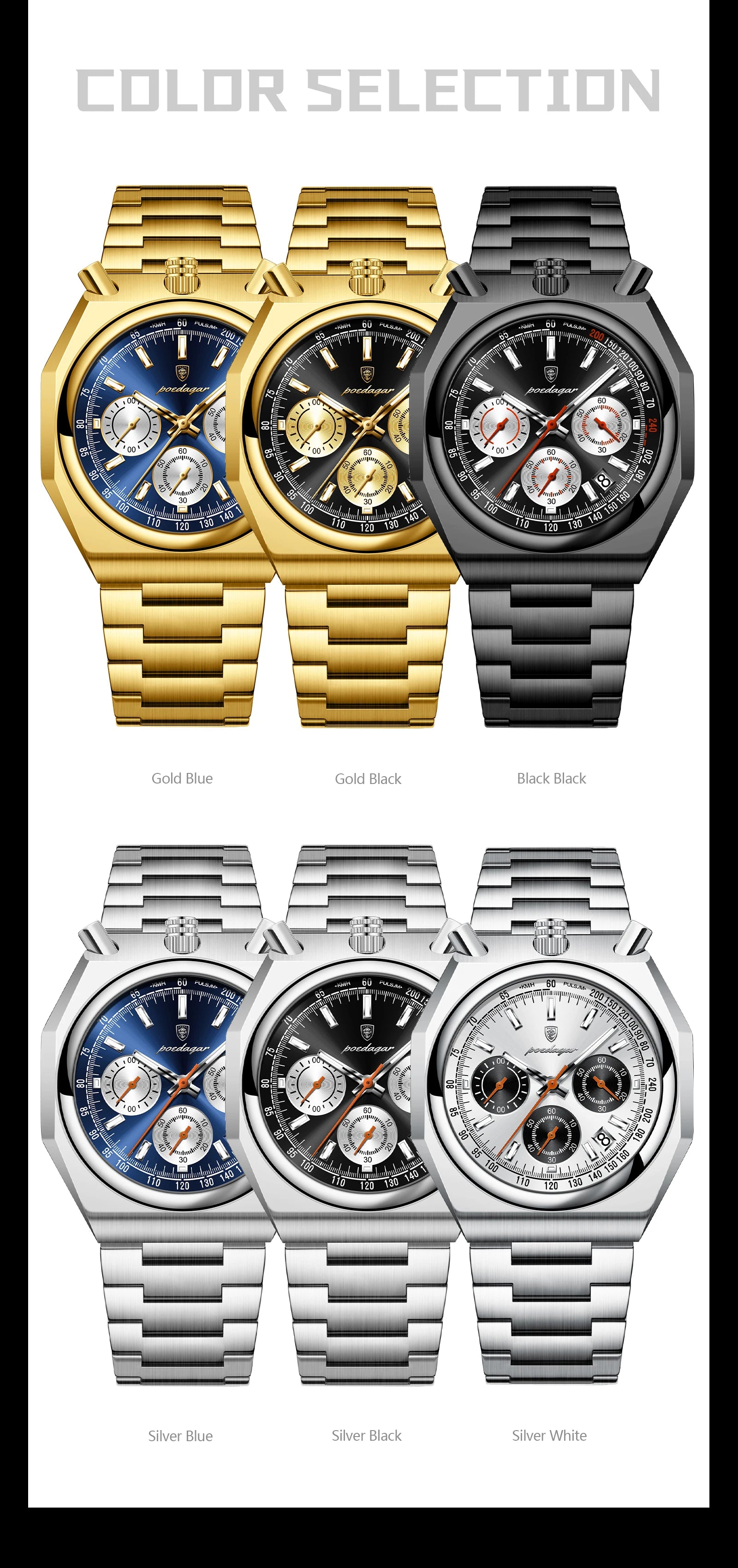 Montre Homme Luxe POEDAGAR Chronographe Militaire Acier Inoxydable Lumineux Étanche + Boîte