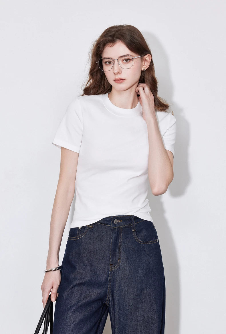 T-Shirt Lyocell Slim Fit Col Rond Manches Courtes Blanc - Basique Premium Polyvalent Printemps | TOYOUTH