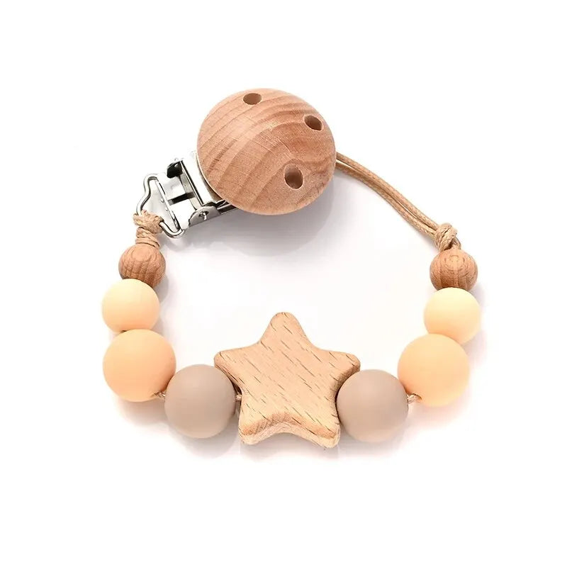 Attache-Tétine Bébé Perles Silicone & Bois Étoile – Chaîne Anneau Dentition Jouet À Mâcher Cadeau Naissance