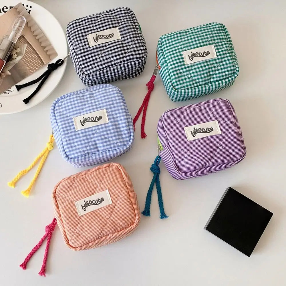 Mini Pochette Vichy Zippée – Trousse Cosmétique Porte-Monnaie Serviettes Hygiéniques Organiseur Cadeau