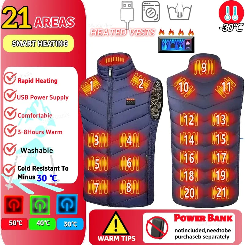 Veste Chauffante Homme Hiver USB Électrique 21 Zones Chauffantes – Manteau Auto-Chauffant Ski Neige Outdoor Gilet Matelassé | Mode Homme Tech Premium