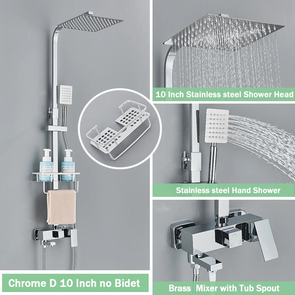 Rozin Ensemble Douche Pluie Mural Noir – Avec Bidet, Étagère & Bec Baignoire | Système Complet Laiton