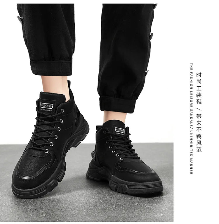 Boots Moto High Top Homme Plateforme 2026 – Noir Lacets Cuir Chaud Outdoor Bota