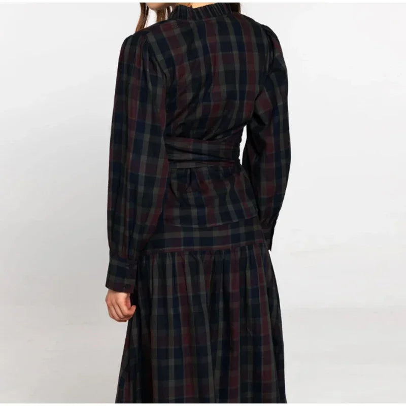 Ensemble 2 Pièces Femme Veste À Carreaux Manches Lanterne Lacets Plissée & Jupe Longue – Tenue Bureau Casual Chic Élégante | Mode
