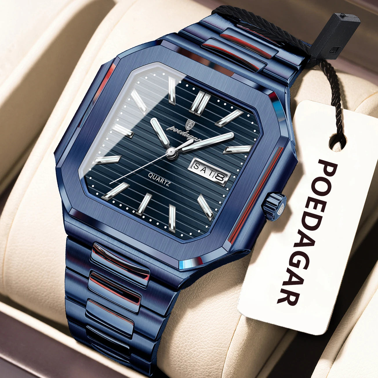Montre Carrée Luxe Homme Poedagar – Quartz Étanche Lumineuse Date Semaine Acier Inoxydable Fashion