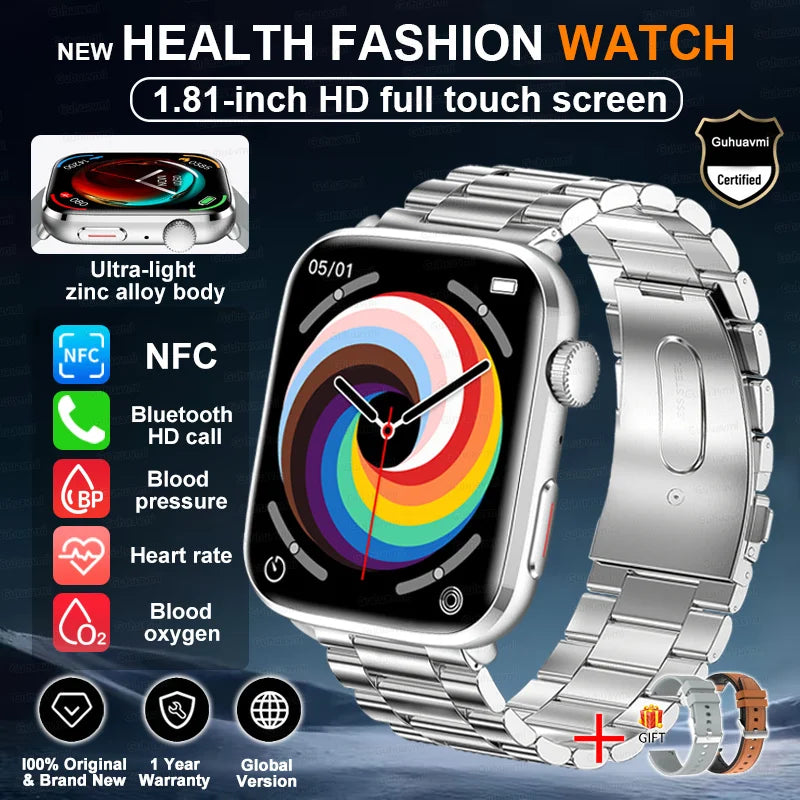 Smartwatch 2025 Unisex Gesundheit NFC Bluetooth – Blutdruck Sauerstoff Sport Anrufe | Herren & Damen