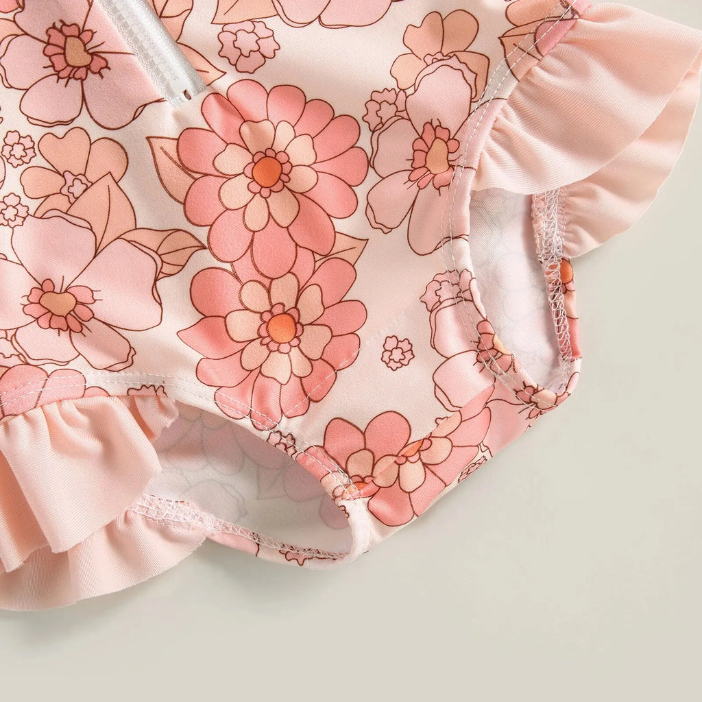 Maillot de Bain Bébé Fille Combinaison Zipper – Imprimé Flamant Rose Fleurs Manches Longues + Bandeau Été