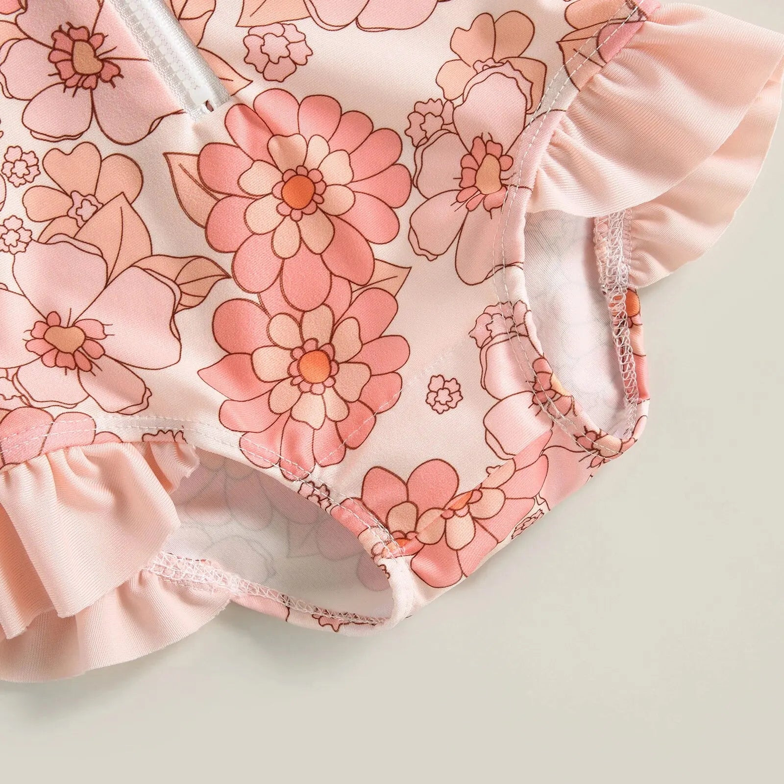 Maillot de Bain Bébé Fille Combinaison Zipper – Imprimé Flamant Rose Fleurs Manches Longues + Bandeau Été