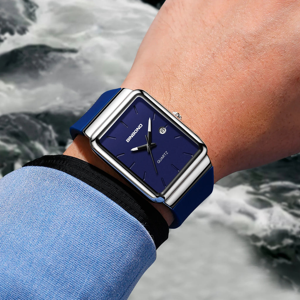 Montre Homme BINBOND Carré Quartz Silicone – Fashion Simple Étanche Tendance Original