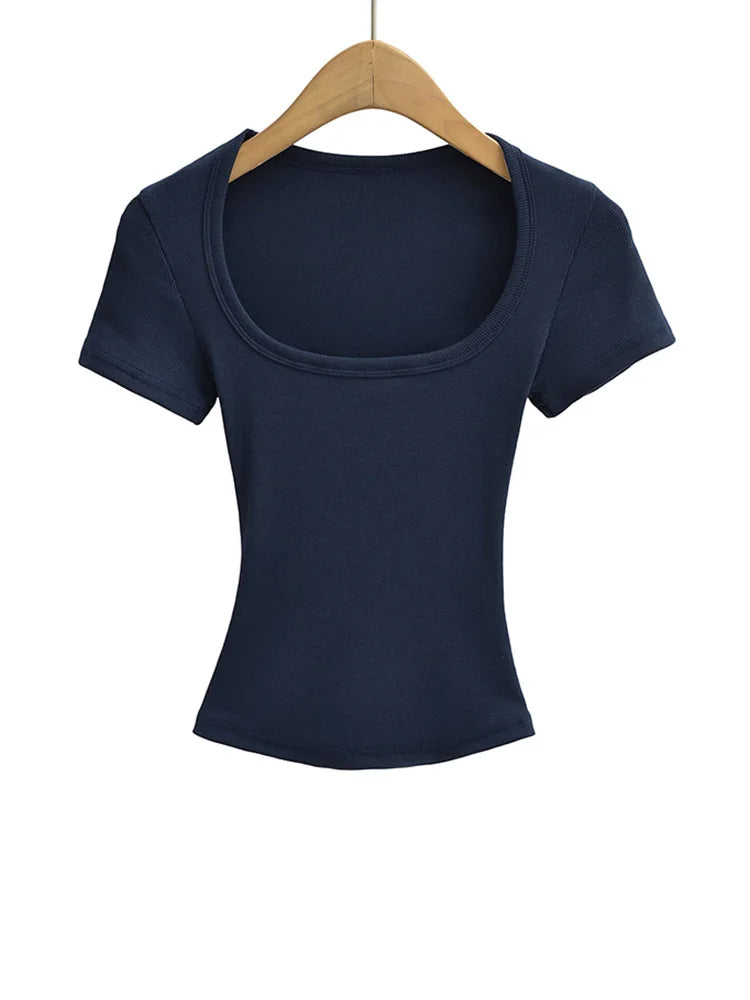 Crop Top Femme Col Carré Slim Stretch Manches Courtes Sexy – T-Shirt Court Élastique Casual Été | Mode