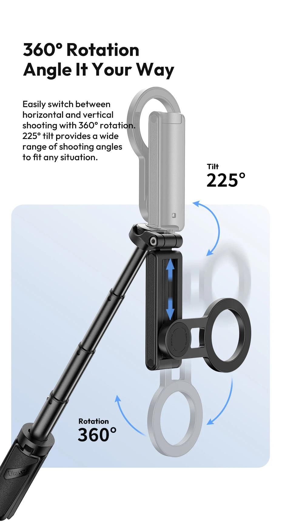 Ulanzi JJ03 Trépied Magnétique Selfie Stick – Grip Téléphone Bureau iPhone 16 15 14 13 Pro