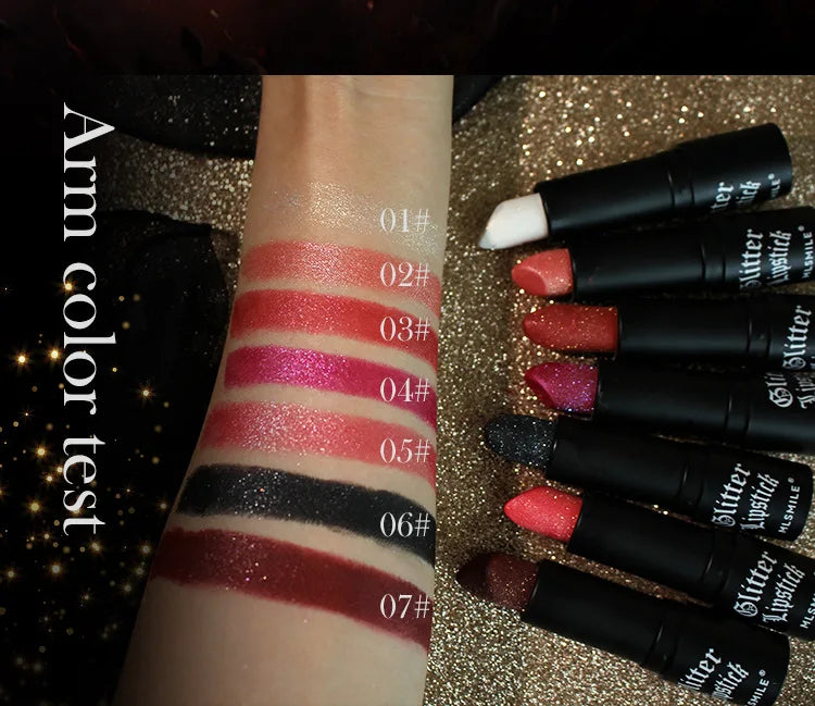 Rouge à Lèvres Glitter 7 Couleurs – Diamond Pearlescent Métallique Waterproof | Lipgloss Noir Femme
