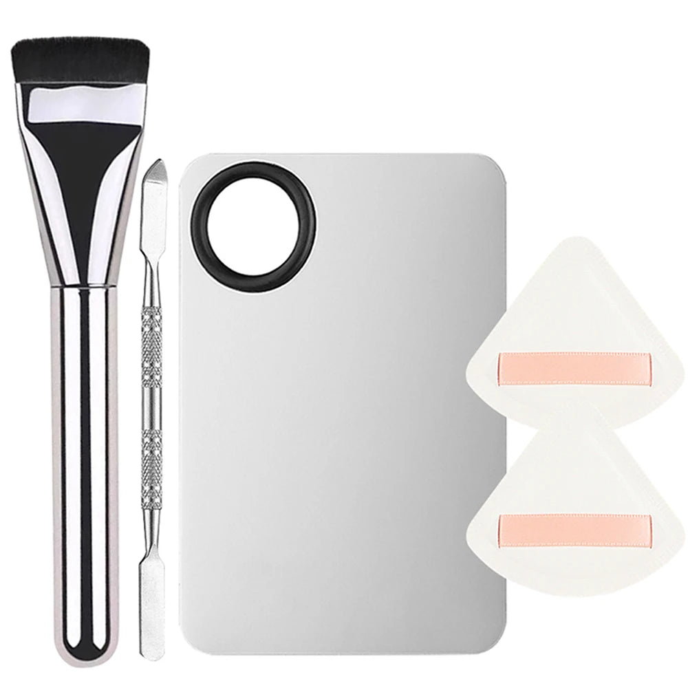 Set Pinceaux Contouring & Fond de Teint – 3/5 Pcs | Palette Inox & Puff