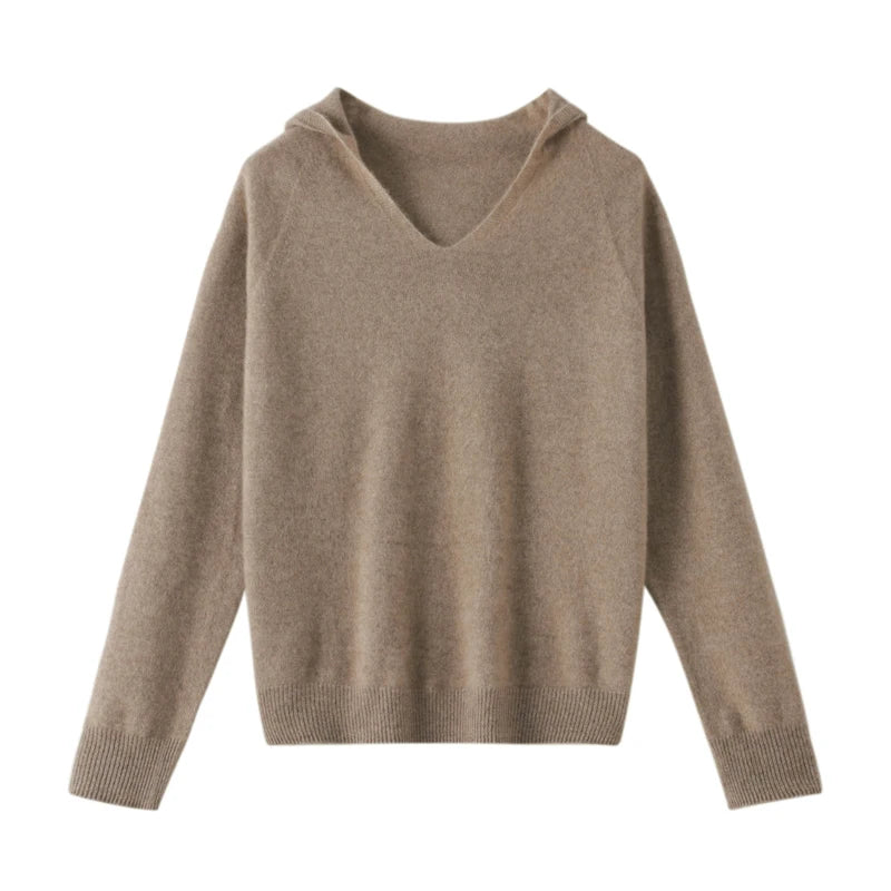 Pull Cachemire Femme 100% Laine Mérinos Col V À Capuche – Chaud Élégant Tendance | Automne Hiver