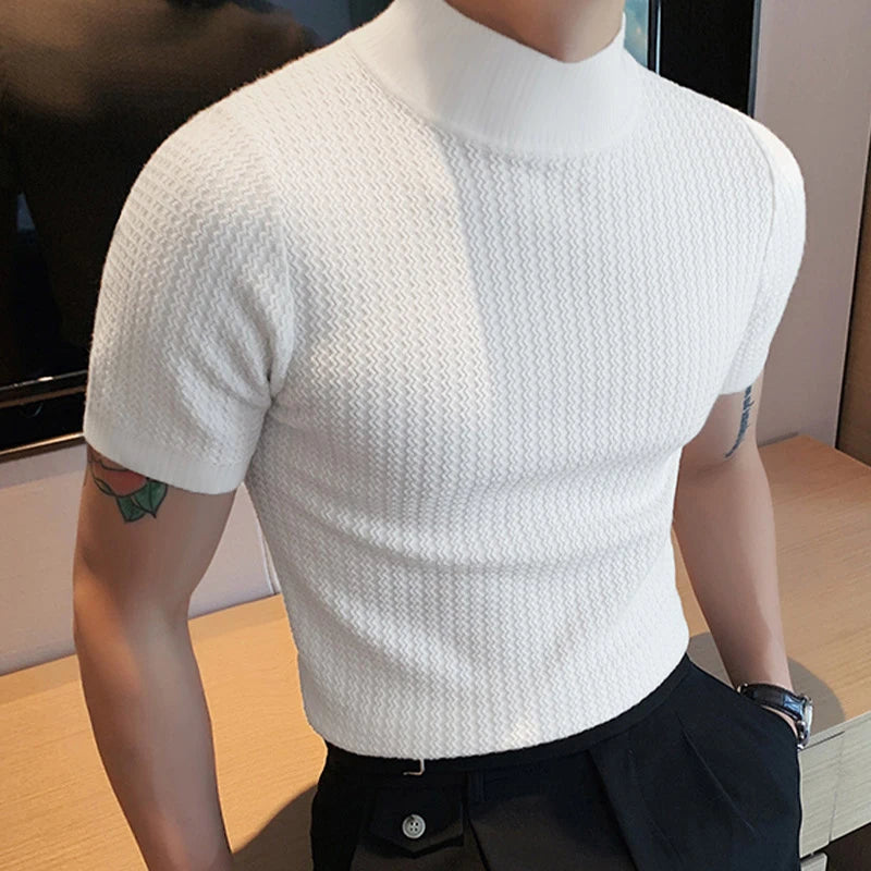 T-Shirt Homme Moulant Col Haut Texturé Couleur Unie Manches Courtes Style Coréen K-Fashion Streetwear Casual Été | Tee Shirt Col Haut K-Fashion Premium
