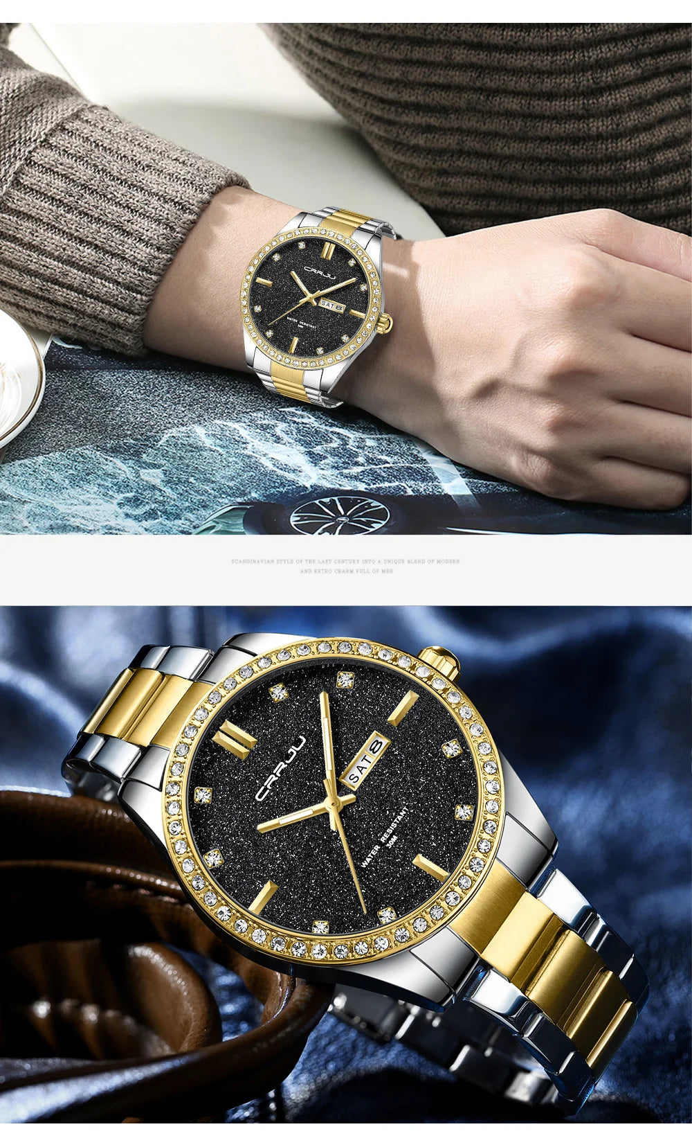 Montre Homme CRRJU Moissanite Diamant Luxe Cadran Doré Acier Inoxydable Lumineux Élégante Premium | Montre CRRJU Moissanite Diamant Luxe Premium