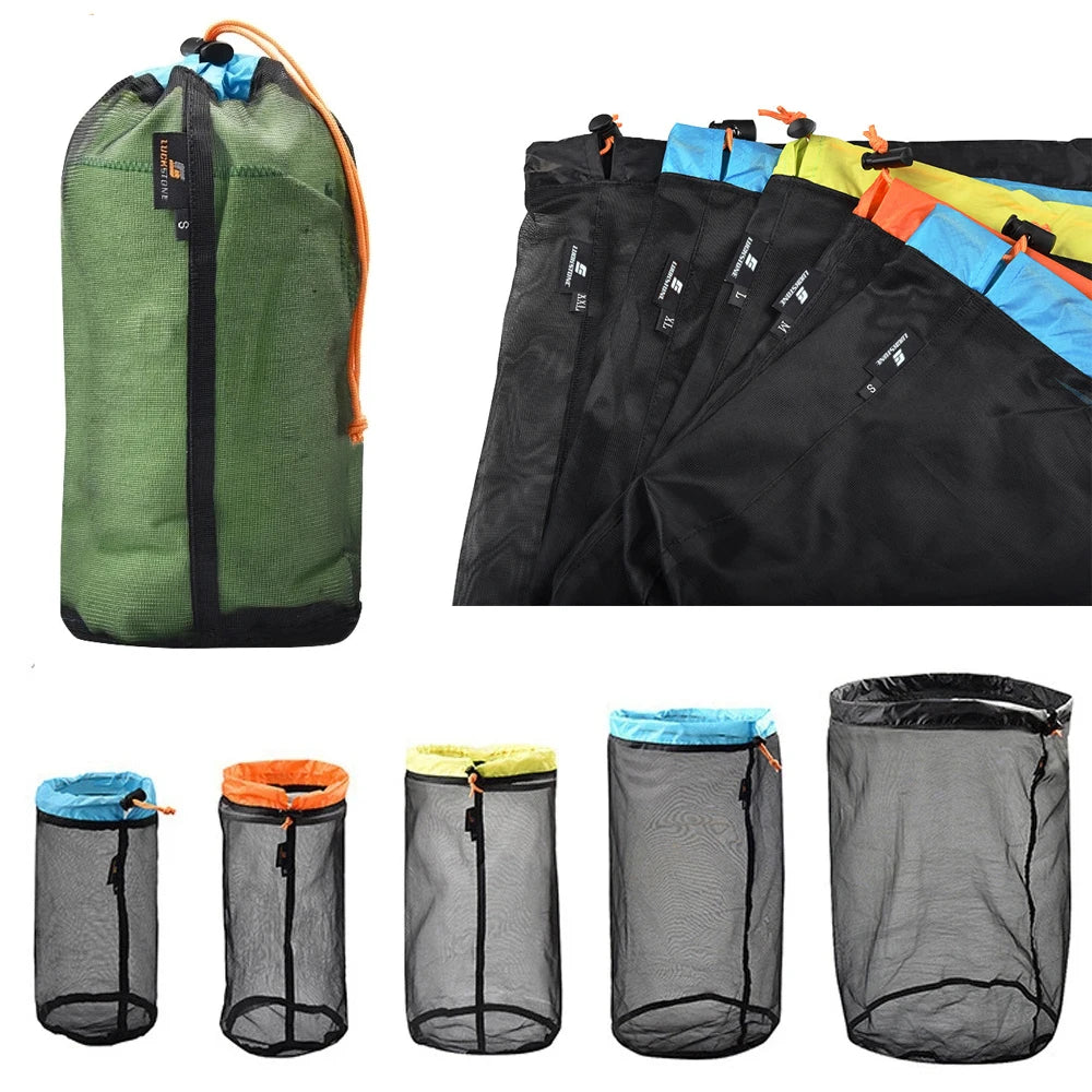 Ultraleichter Nylon-Netzbeutel mit Kordelzug – Aufbewahrungsschlafsack für Reise, Wandern, Camping, Outdoor S/M/L/XL/XXL