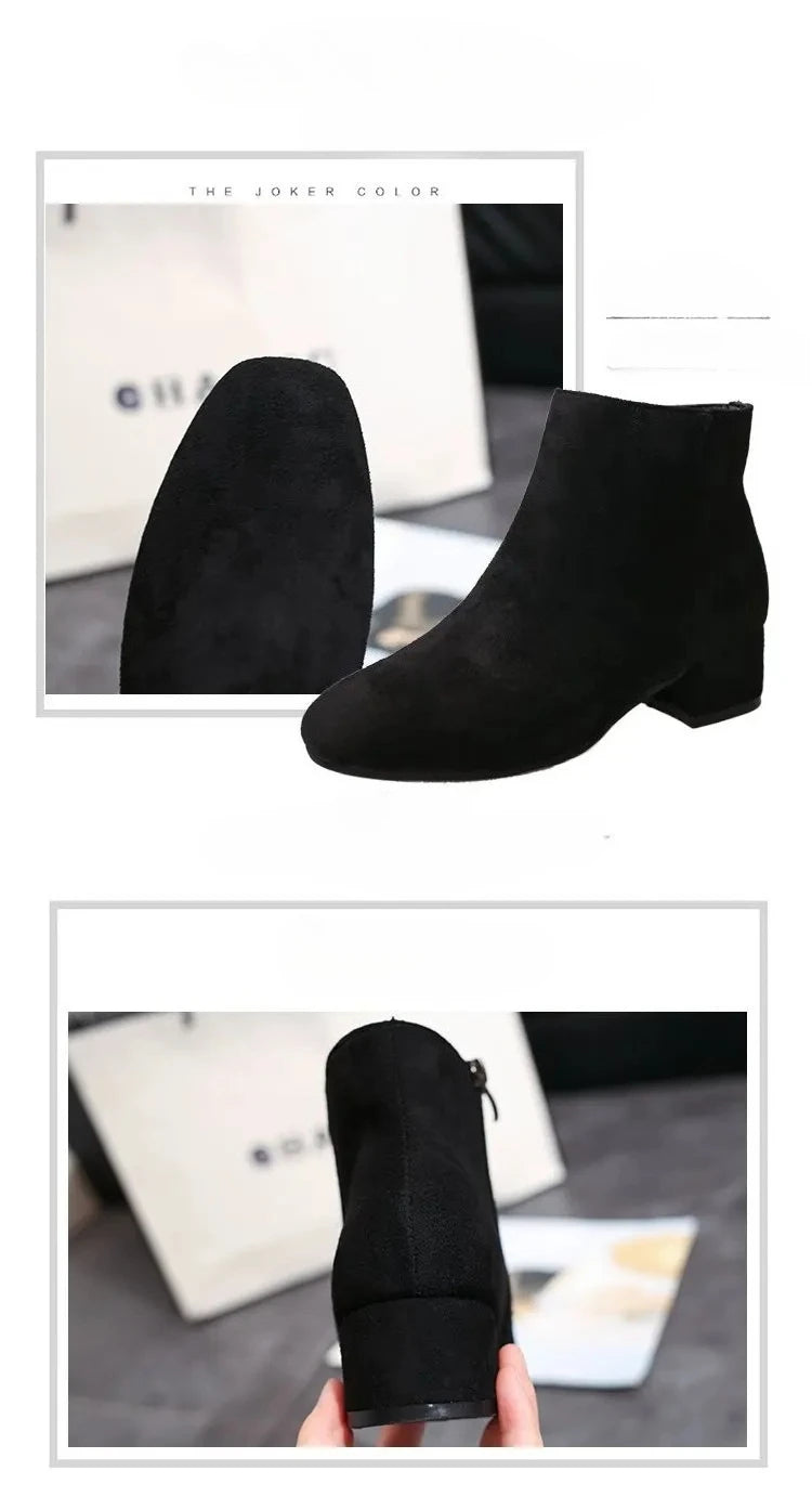 Bottines Suède Chunky Heel Snow Goth Femme – Mi-Talon Tendance Walking Élégant Automne