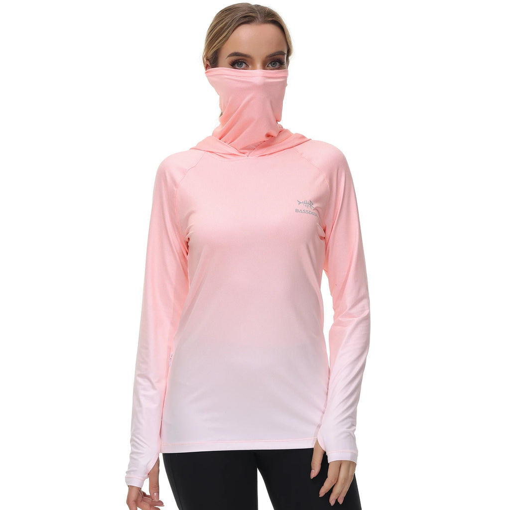 Bassdash Hoodie Anti-UV UPF 50+ Damen – Integrierte Gesichtsbedeckung & Daumenlöcher | Schnelltrocknend & Atmungsaktiv | Angeln, Wandern & Radfahren