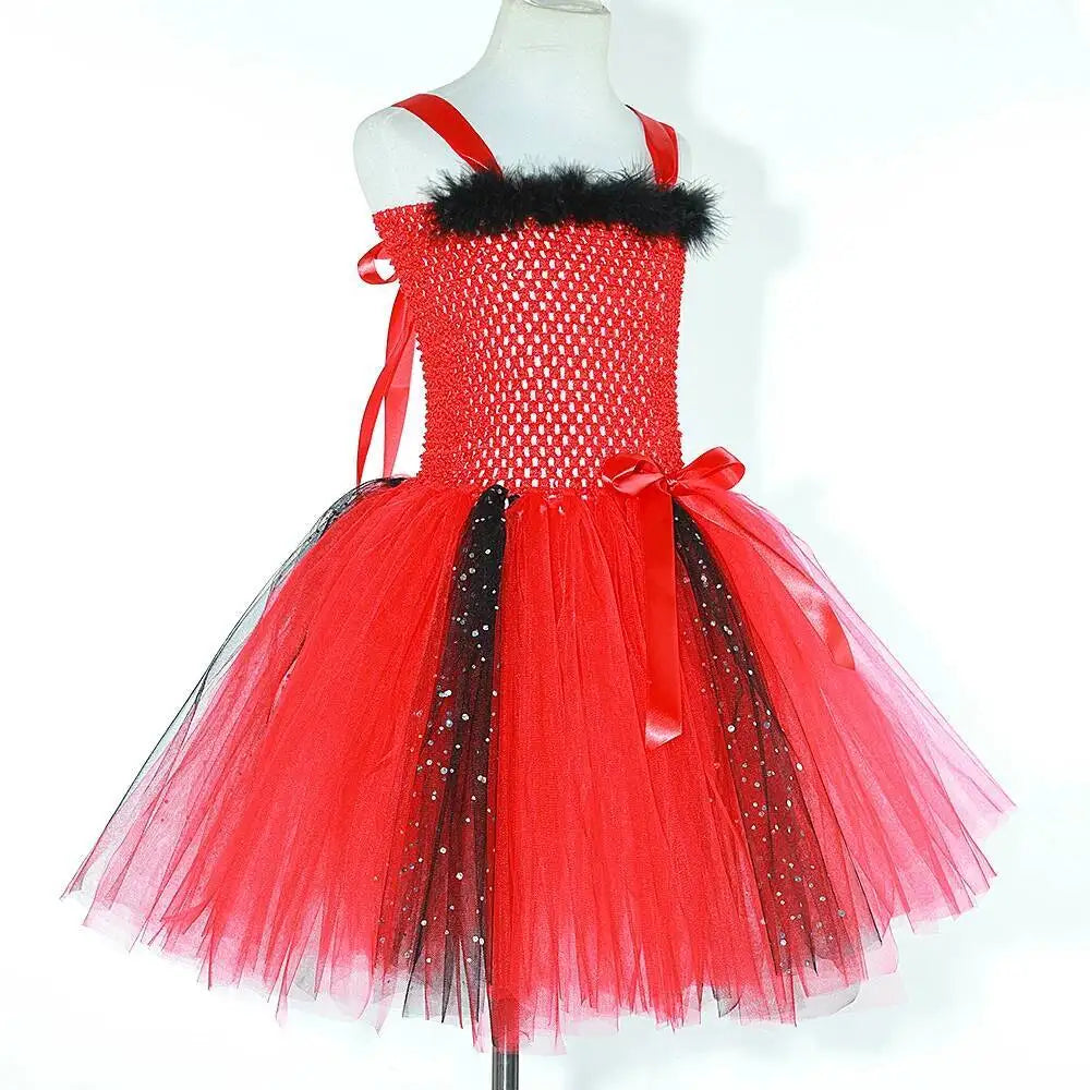 Déguisement Diablesse Rouge Fille – Robe Tutu Demon avec Ailes Cornes Trident Halloween Carnaval