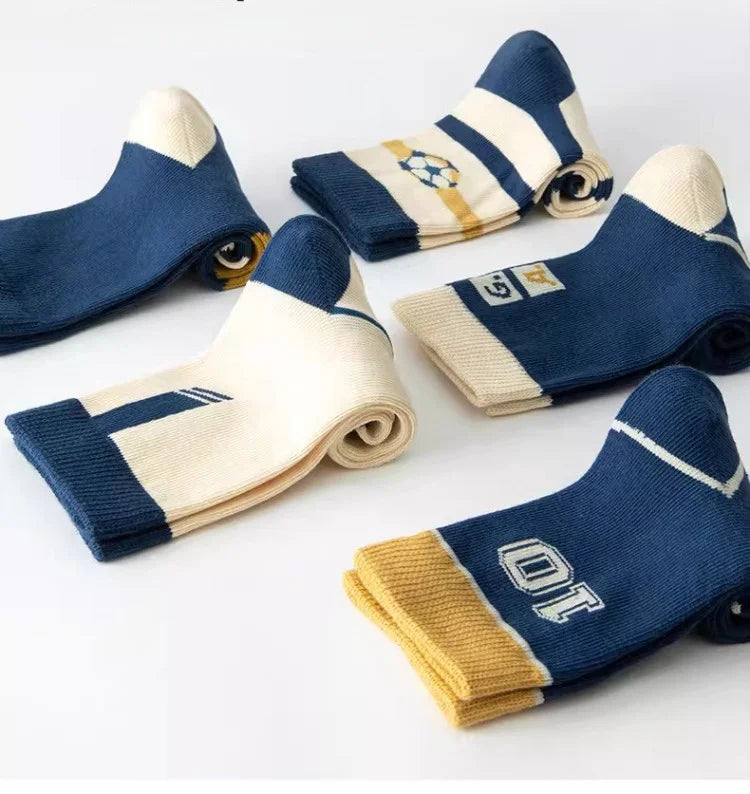 Lot 5 Paires Chaussettes Garçon Coton Rayures Motif Football – Chaussettes Enfant Printemps Automne 1-14 Ans