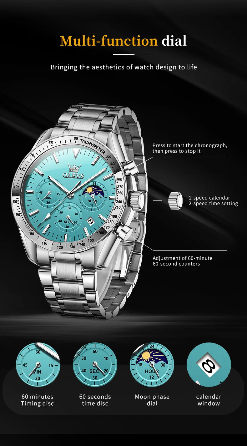 Montre Homme OLEVS Chronographe Phase de Lune Quartz Bleu Acier – Étanche Lumineux Date Fashion