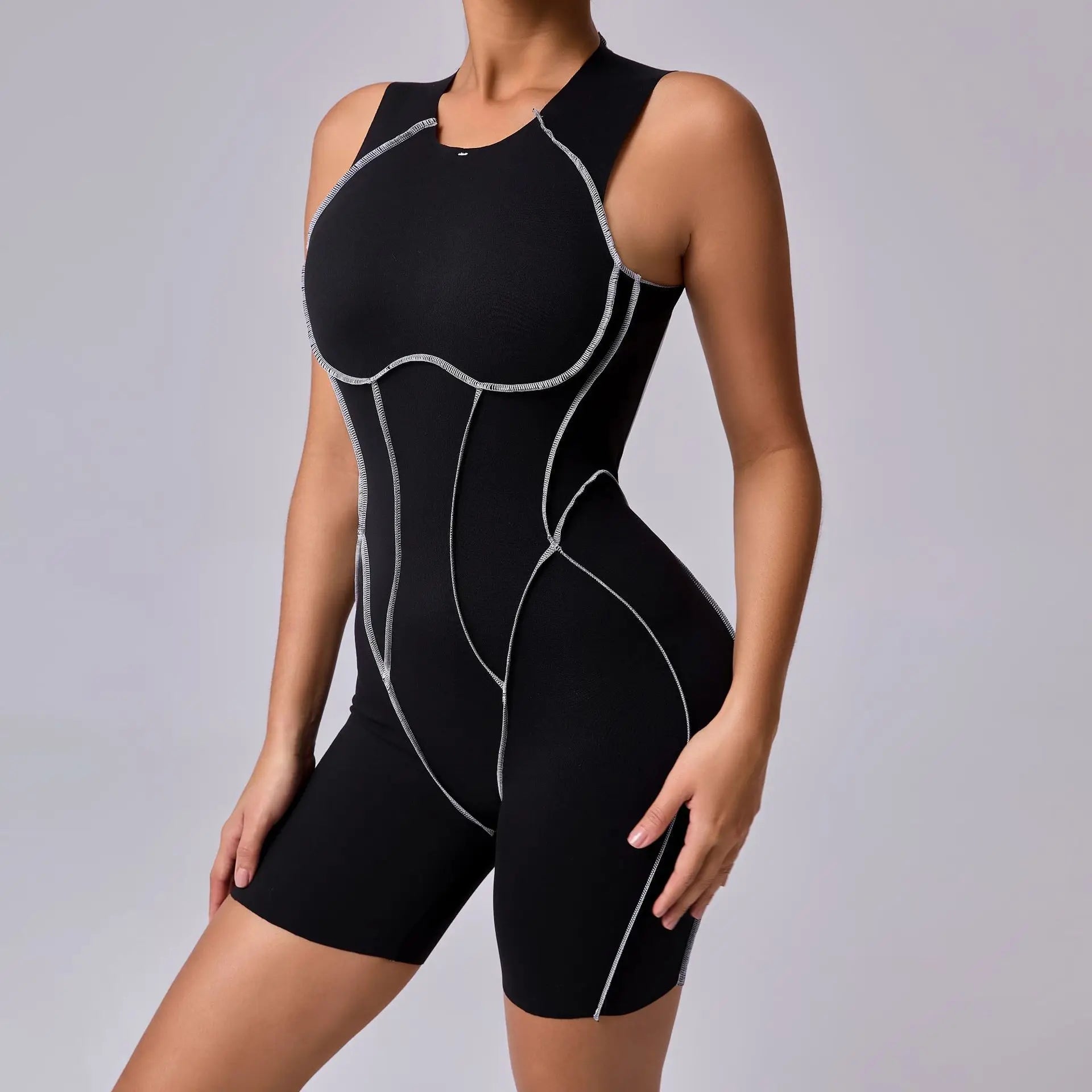Bodysuit Yoga Push-Up Rembourré Bicolore - Combinaison Short V Butt Gainante Gym & Fitness Femme