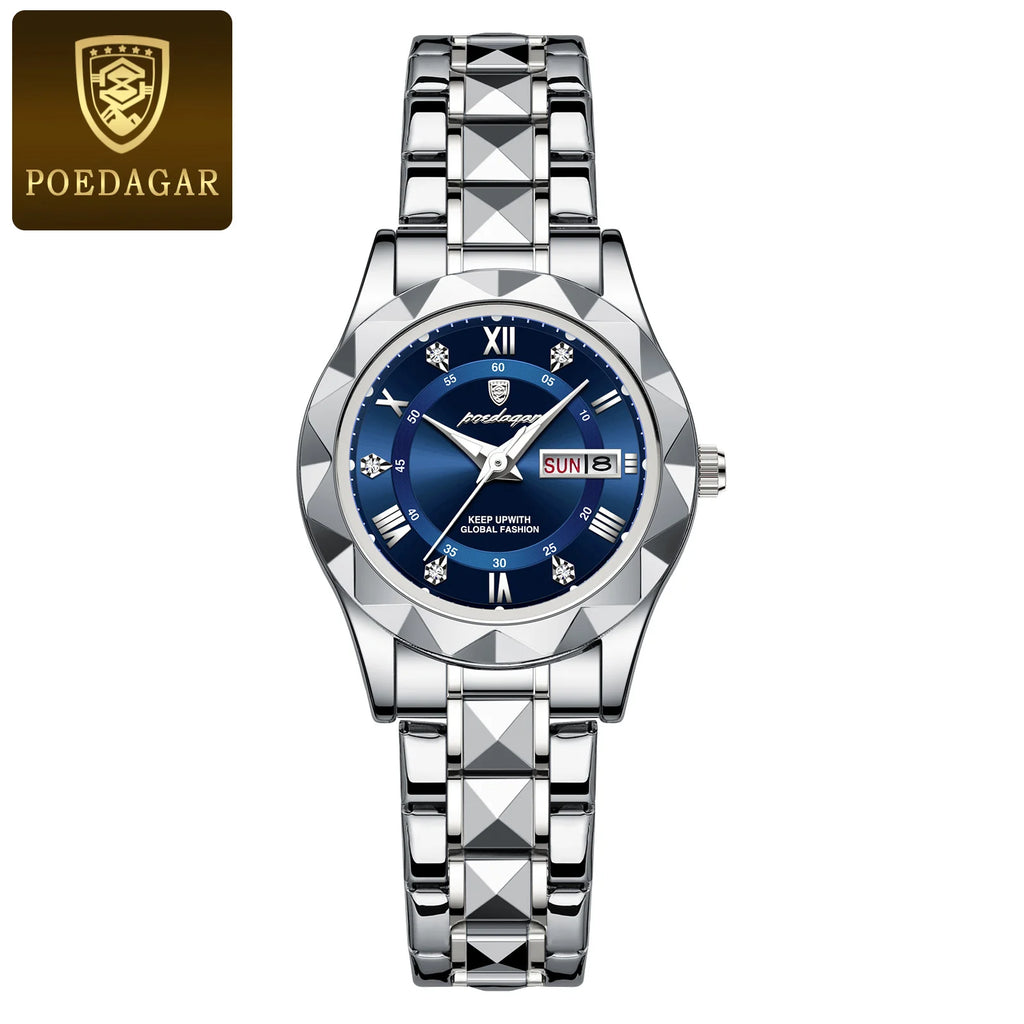 Montre Femme POEDAGAR Élégante Luxe Quartz – Lumineuse Étanche Semaine Date Acier Fashion