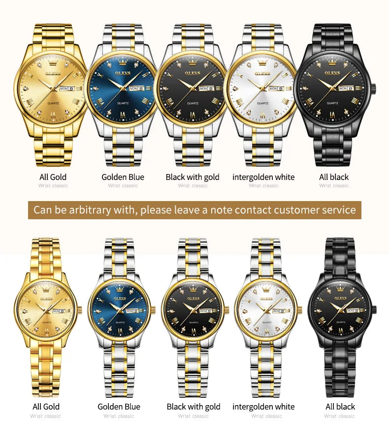 Paar-Uhr OLEVS Gold Luxus Quarz – Stahl Leuchtend Wasserdicht Datum Wochentag Trend