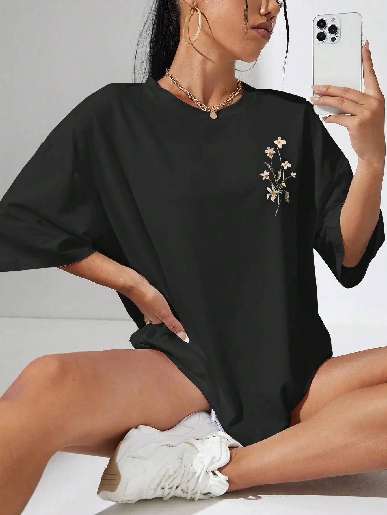 T-Shirt Femme Coton Imprimé Fleurs Manches Courtes Ample Doux Respirant – Top Casual Confortable | Street Style