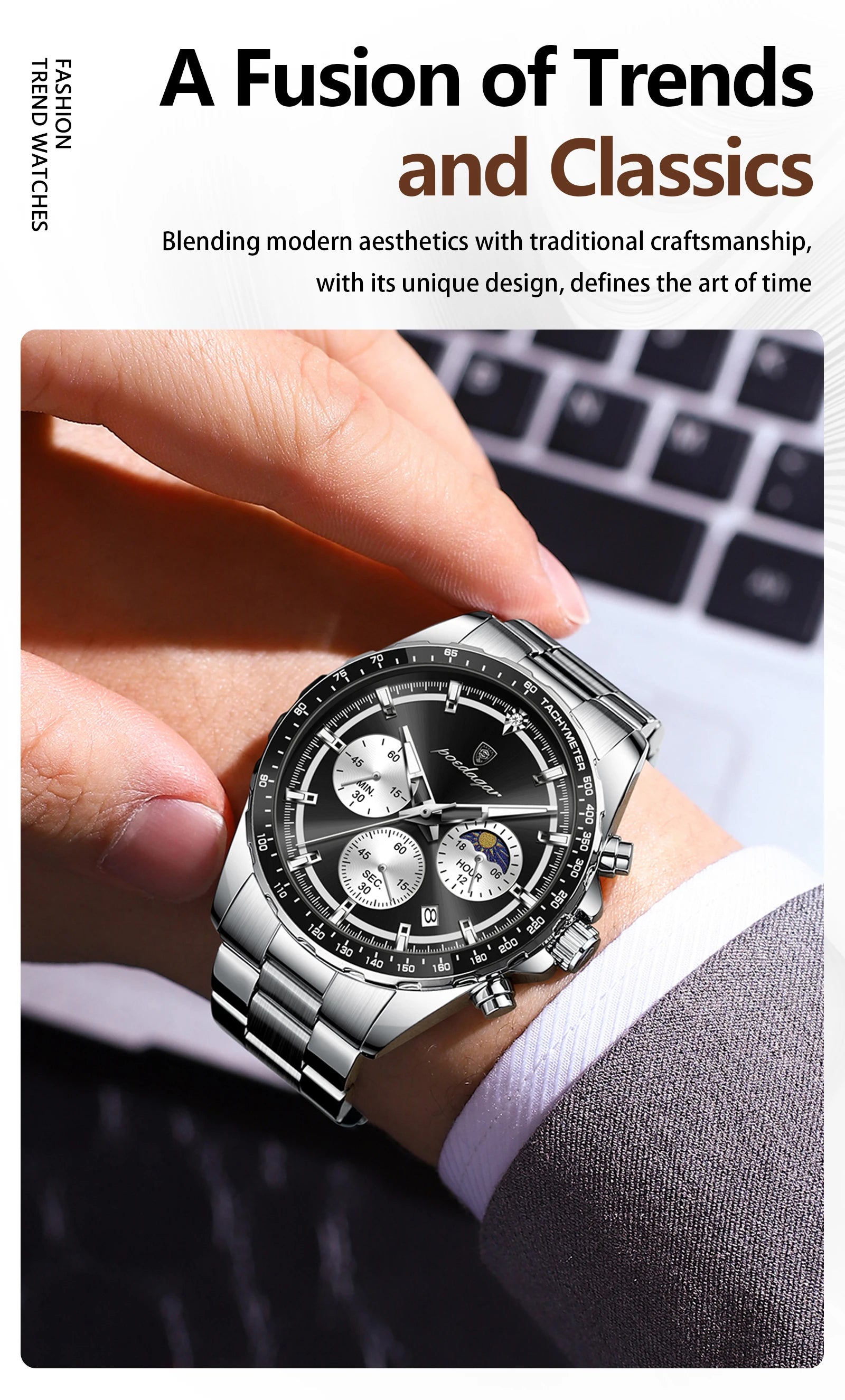 Montre Homme POEDAGAR Business Quartz Chronographe – Acier Lumineux Étanche Date Fashion