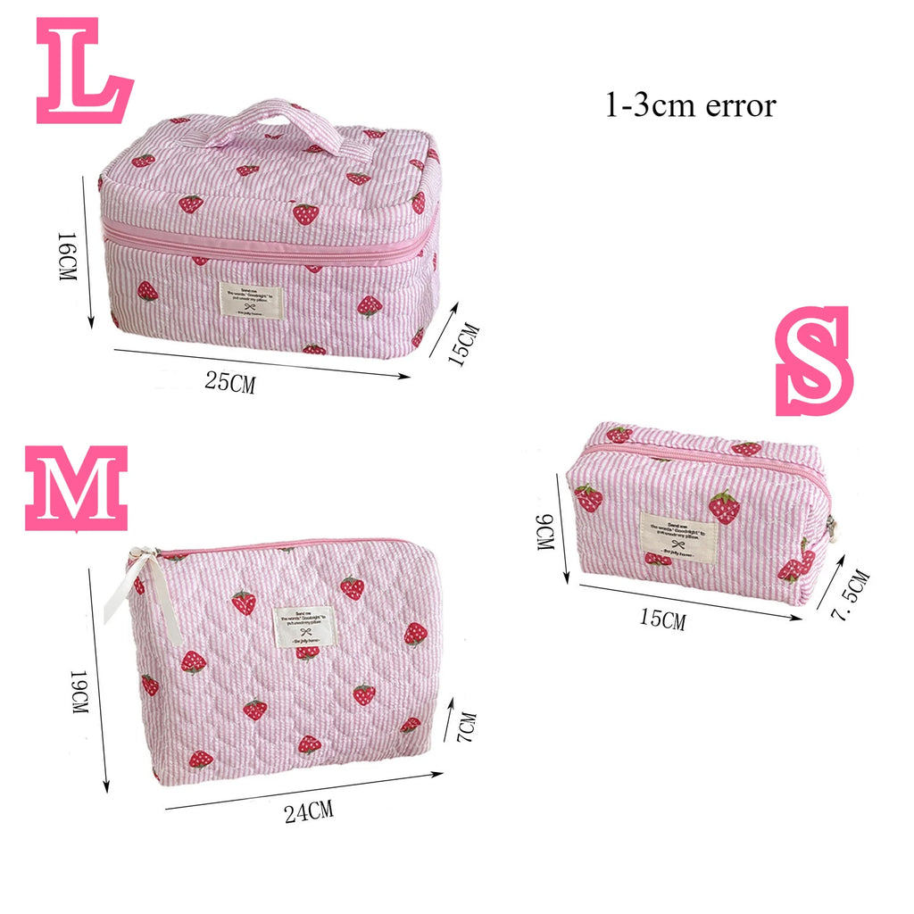 Trousse Cosmétique Fraise Rayée – Pochette Maquillage Portable Voyage | Organisateur Femme Kawaii