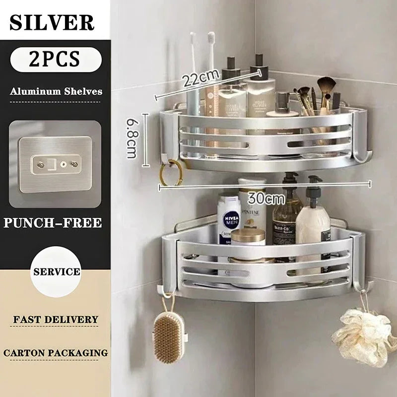 Étagère d’Angle Salle de Bain Aluminium – Sans Perçage Autocollant | Rangement Shampooing & Maquillage