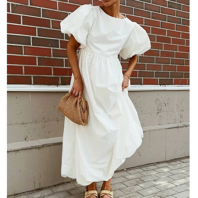 Robe Maxi Femme Boho Blanche Manches Bouffantes Taille Haute Ample Coton – Longue Été Bohème